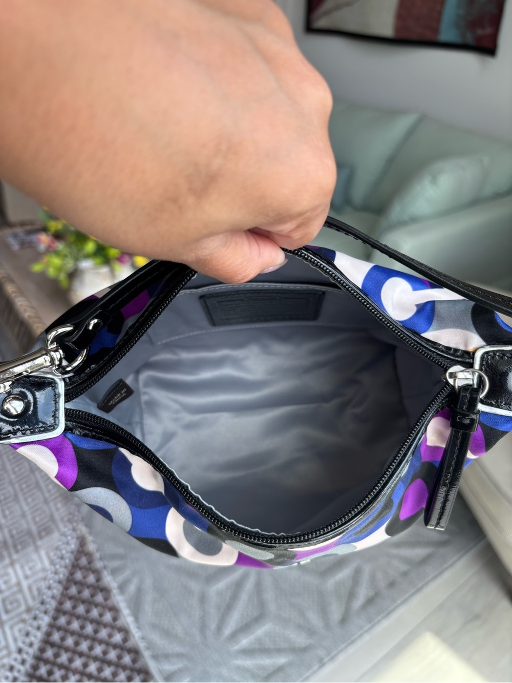 💙🖤💜COACH Alex Op Art Purple Multiprint Wristlet Mini Bag💜🖤💙 - Picture 12 of 13